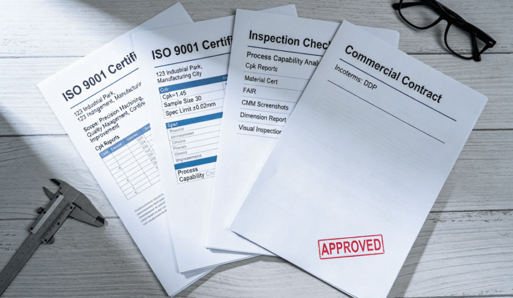 Overhead view of supplier qualification documents including ISO certificate scope page, Cpk report, inspection checklist, and DDP incoterms contract for CNC turning partner evaluation